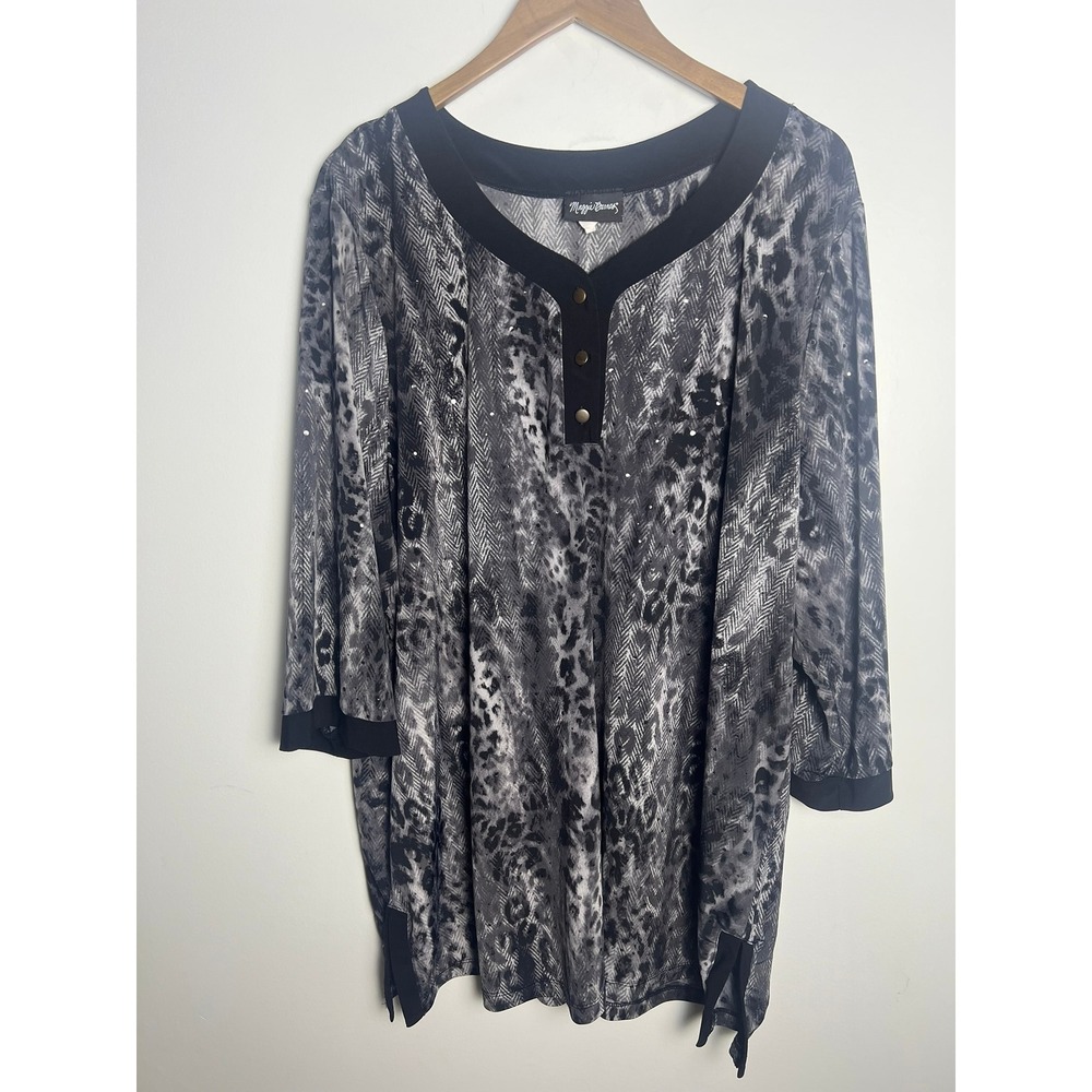 Maggie Barnes Womens 2X Gray Animal Print Sequin Henley Tunic Top 6-7799CA‎